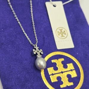NEW Tory Burch Kira Pearl Pendant Necklace Gray Silver T Logo Gift Classic